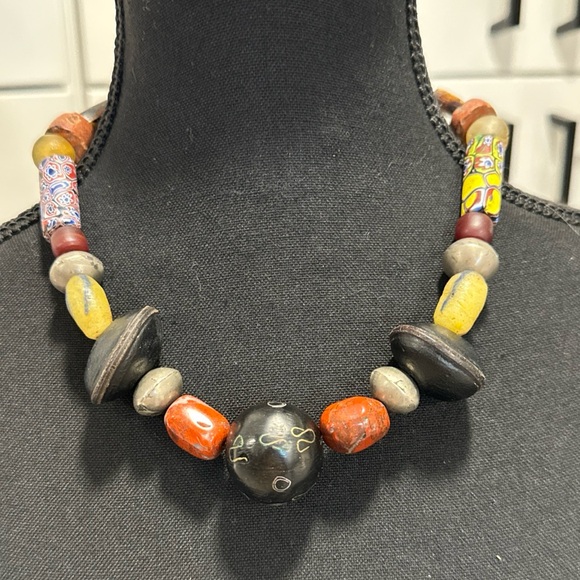 Vintage Handmade Artist Crafted Bead Necklace Stone Ceramic Hippie BoHo 19” - Picture 1 of 12